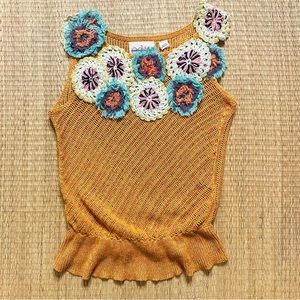Anthropologie Edie Tangerine Open Weave Knit Crochet Floral Appliqué Tank Blouse